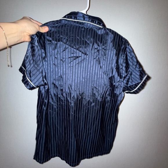 Striped Button Front Satin Pajama Set Navy Blue Size small cute comfy sexy - Picture 10 of 14